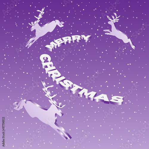Three reindeers run around decorative 3d text  Merry Christmas. Vector illustration. Isometric view.