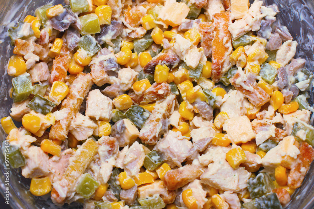 salad with vegetables and meat in a bowl with mayonnaise, delici salad with vegetables and meat in a bowl with mayonnaise, delici