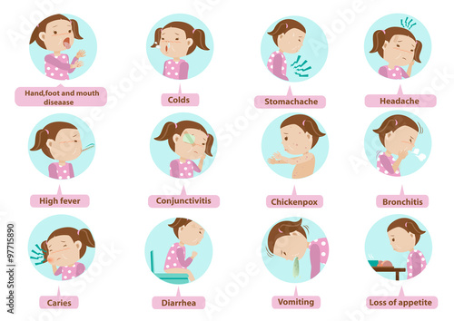 sick daughter Sick characters set of Children 12 diseases isolated vector illustration