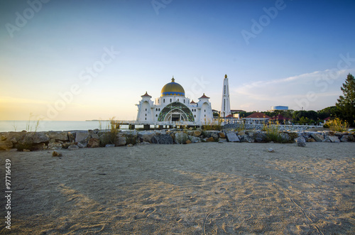 Majestic view of Malacca Straits Mosque during sunset