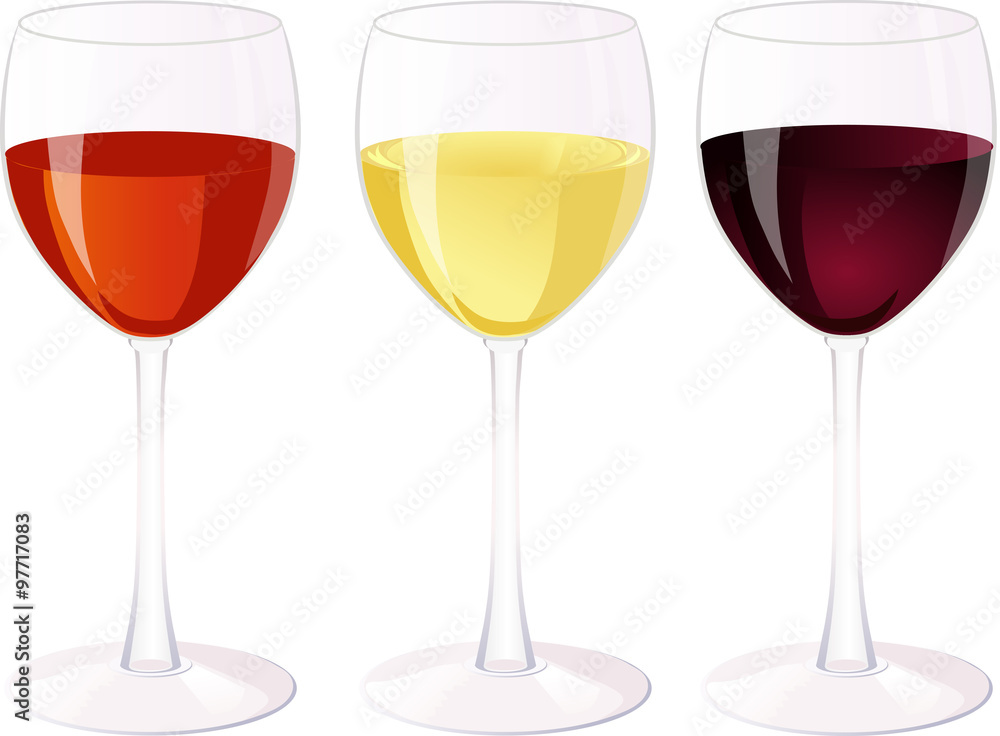 Three isolated glass of wine on a white background. Three isolated glass of wine on a white background.