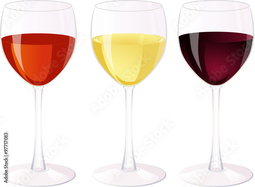Three isolated glass of wine on a white background.