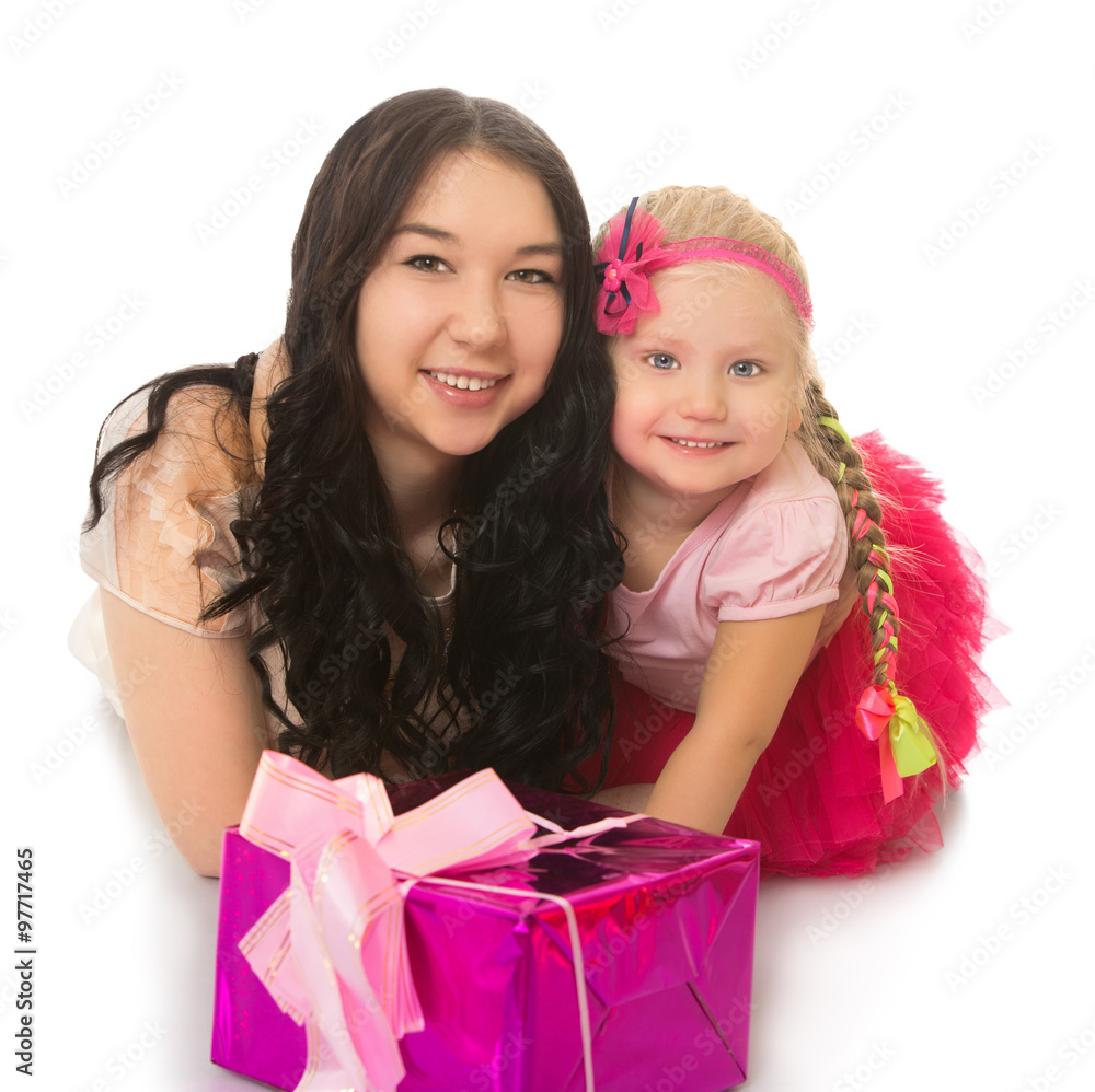 Two girls with boxes for gifts Two girls with boxes for gifts
