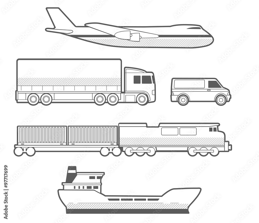 Airplane, truck, car, ship, train. Black and white vector set ...