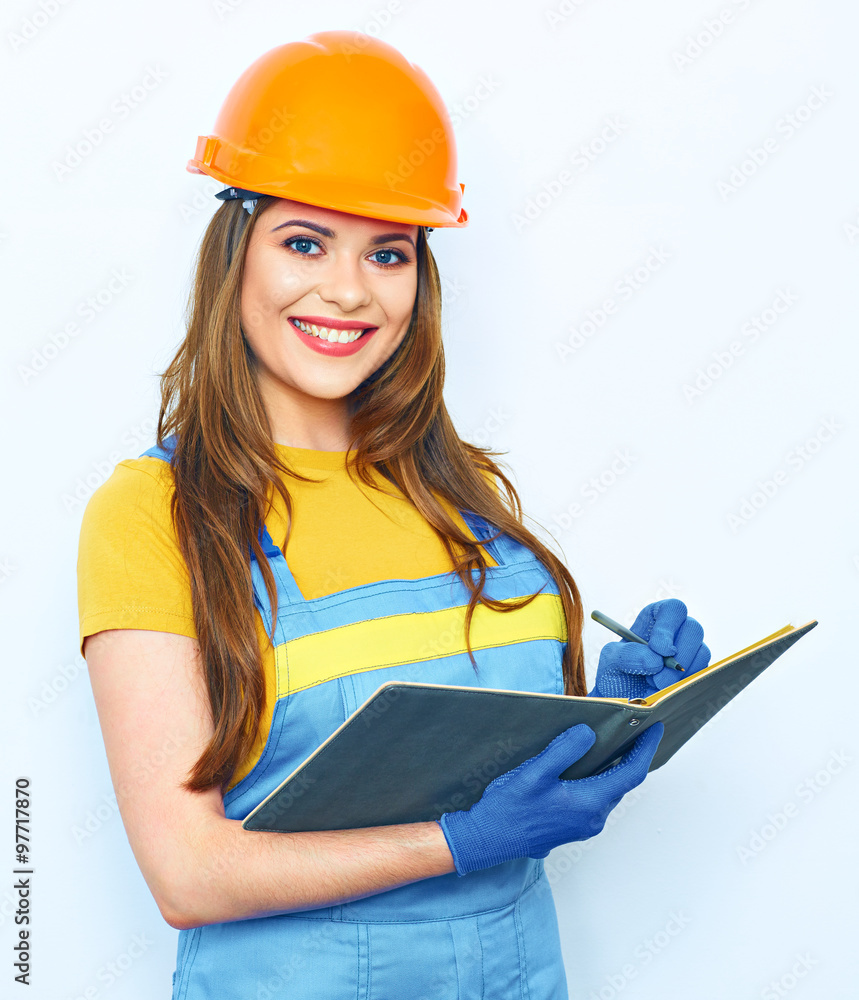 Engineer woman smile, hold business paper. Builder uniform cove Engineer woman smile, hold business paper. Builder uniform cove