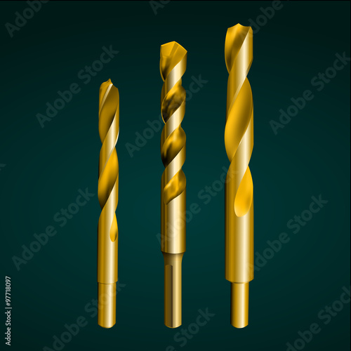 Vector illustration depicting realistic gold drill bit on a dark background. Set of three pieces.