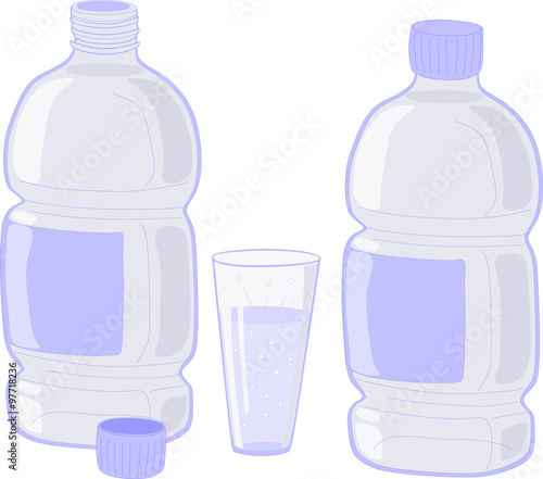 Two bottles and a glass of soda water.