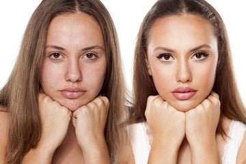 Comparison portrait of a woman without and with makeup