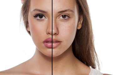 Comparison portrait of a woman without and with makeup