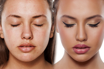 Comparison portrait of a woman without and with makeup