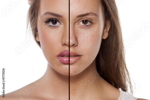 Comparison portrait of a woman without and with makeup photo