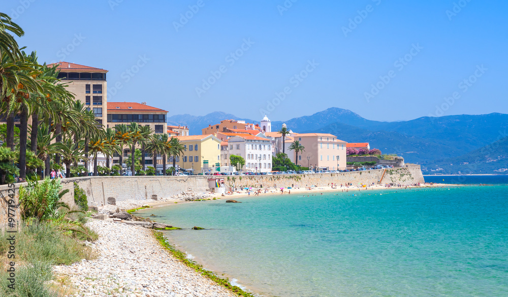Ajaccio cityscape, Corsica island, France. Beach