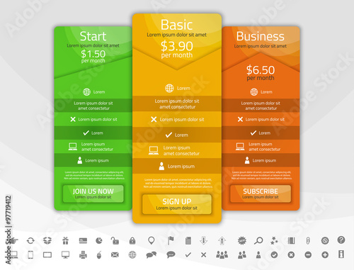 Light pricing list with 4 options. Different shapes of tables. Icon set included