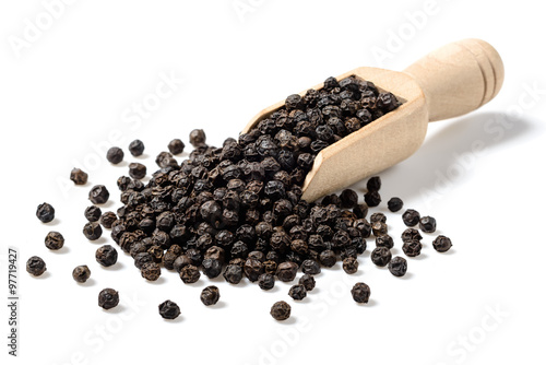 black pepper in wooden shovel, (large depth of field, taken with tilt shift lens)