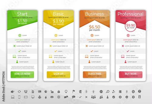 Light pricing list with 4 options. Different shapes of tables. Icon set included