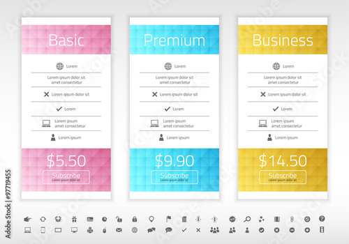 Modern pricing list with 3 options in turquoise, blue and raspberry color. Set of icons included