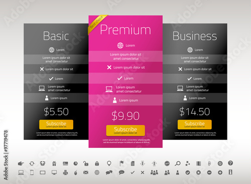 Modern pricing list with 3 options in black and raspberry color. Set of icons included