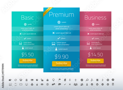 Modern pricing list with 3 options in turquoise, blue and raspberry color. Set of icons included