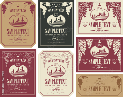 wine label set with a landscape of vineyards in retro style