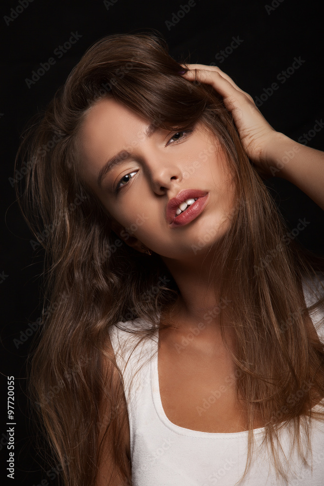 Beautiful Attractive Young Teenage Woman Looking At Camera Black Background Beautiful Attractive Young Teenage Woman Looking At Camera Black Background