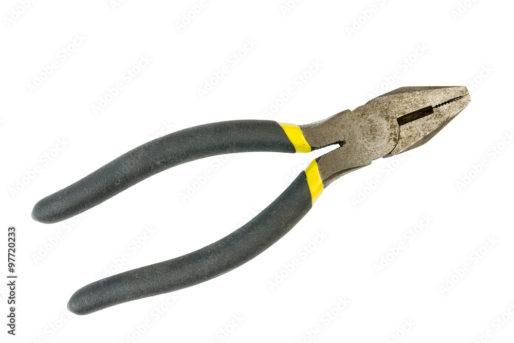 Kit pliers with black and yellow handle isolated on a white background. Tools series. Kit pliers with black and yellow handle isolated on a white background. Tools series.