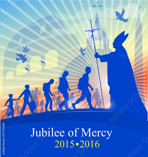 jubilee of marcy with pope on rome background photo
