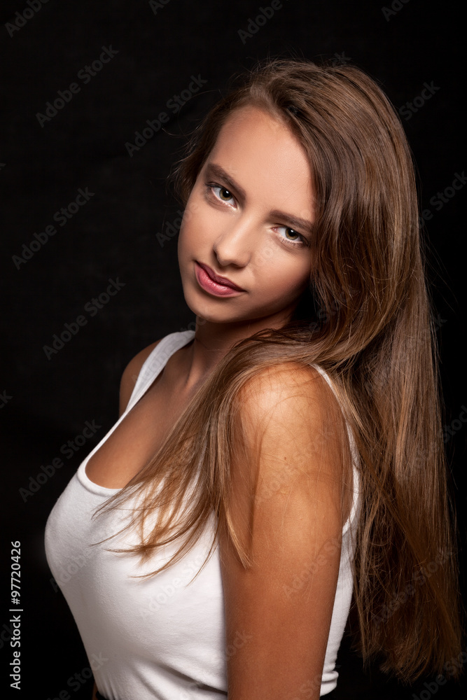 Beautiful Attractive Young Teenage Woman Looking At Camera Black Background Beautiful Attractive Young Teenage Woman Looking At Camera Black Background