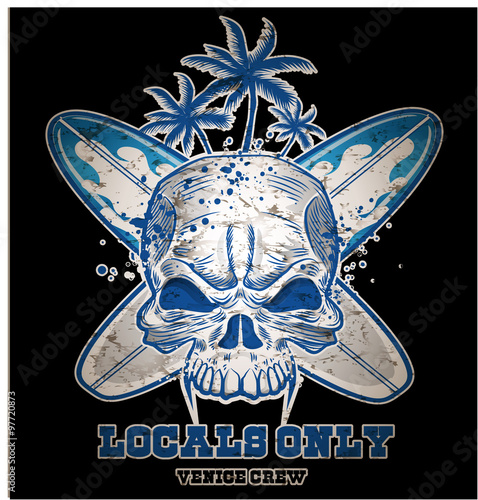 skull with  surfboard on black  background