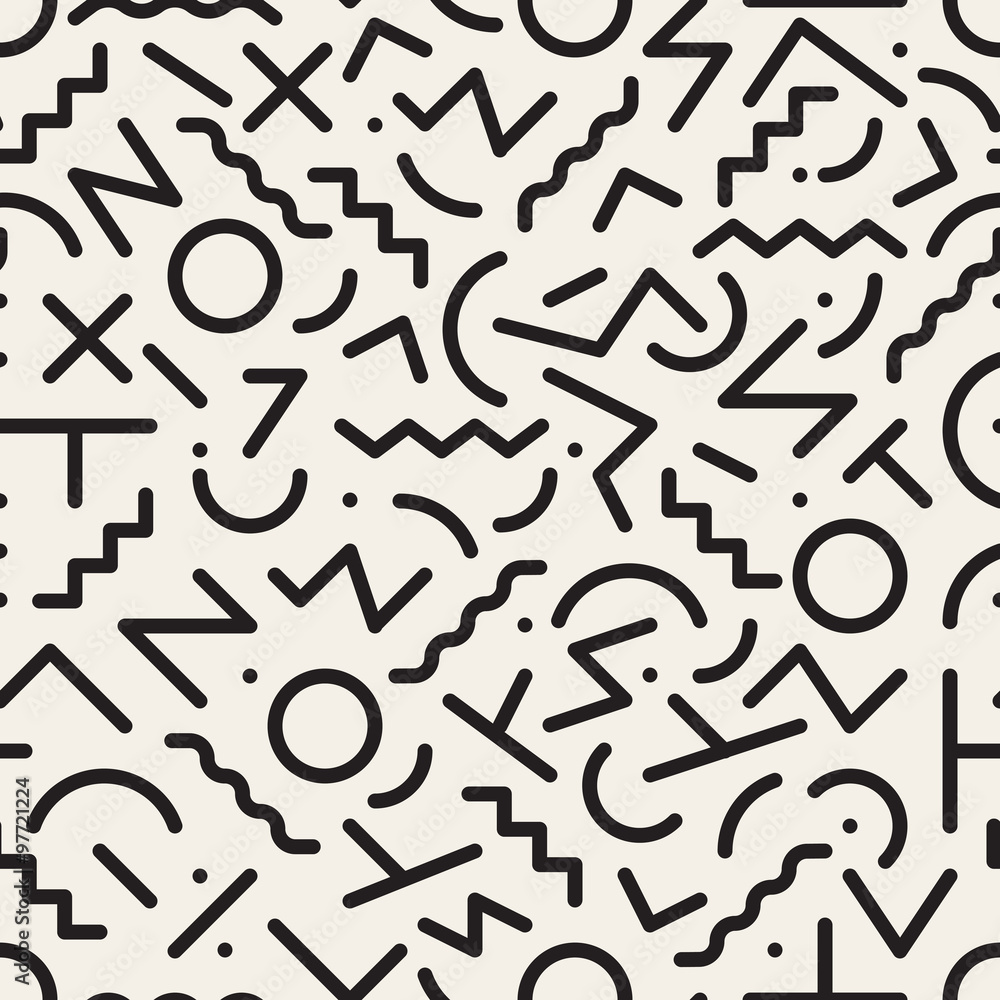 Vector Seamless Black and White Retro Jumble Geometric Line Shapes Hipster Pattern Vector Seamless Black and White Retro Jumble Geometric Line Shapes Hipster Pattern