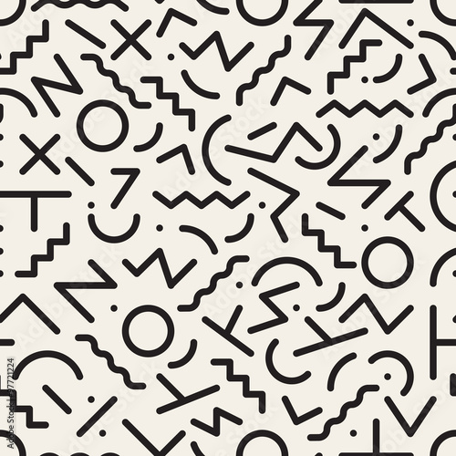 Vector Seamless Black and White Retro Jumble Geometric Line Shapes Hipster Pattern