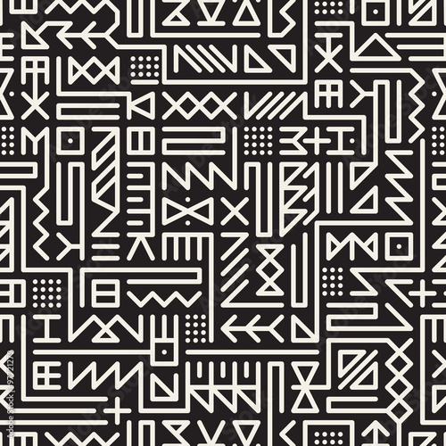 Vector Seamless Black And White Rounded Line Geometric Hipster Signs Pattern