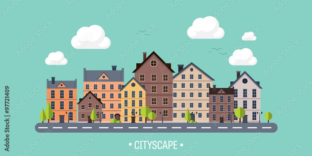 Vector illustration. City silhouettes. Cityscape. Town skyline. Panorama. Midtown houses. Summer