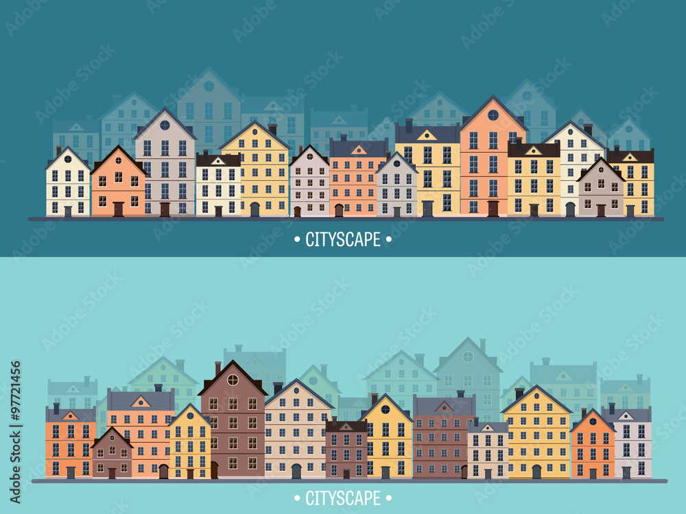 Vector illustration. City silhouettes. Cityscape. Town skyline. Panorama. Midtown houses. Summer
