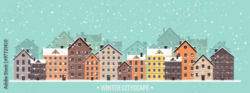 Vector illustration. Winter urban landscape. City with snow. Christmas and new year.  Cityscape. Buildings