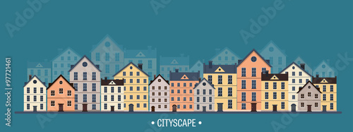 Vector illustration. City silhouettes. Cityscape. Town skyline. Panorama. Midtown houses. Summer