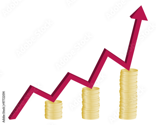 vector financial growth concept, red rising graph with golden coins, business plan, isolated on white background