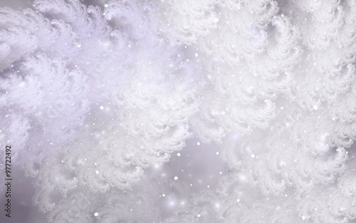 Abstract fractal background, sparkling snow-like white curls in blurry haze