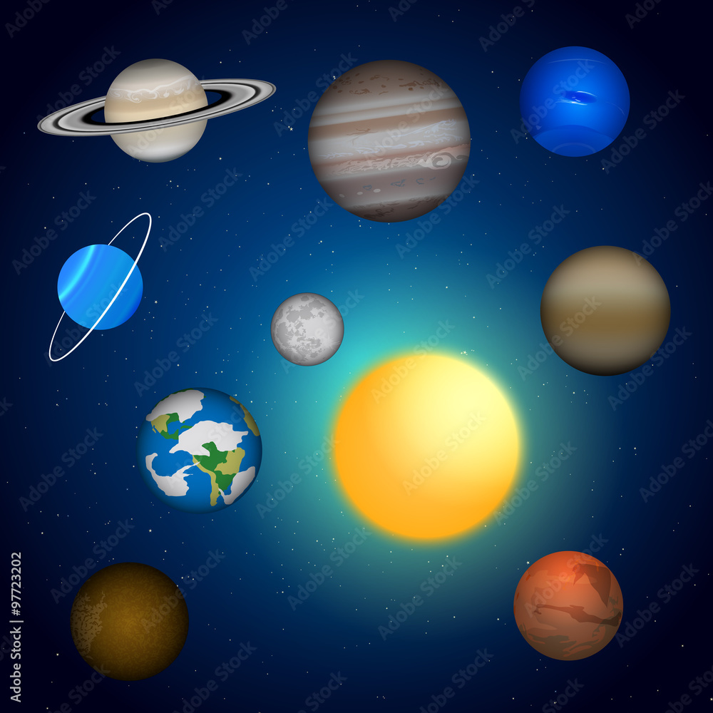 Flat solar system, sun, mars, mercury, earth, venus, jupiter, saturn,  uranus, neptune. Universe for kids. Isolated on white background. Vector  illustration. Stock Vector