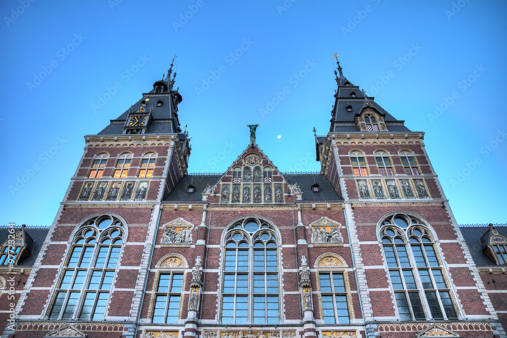 Early morning view from below of the national state museum in Amsterdam