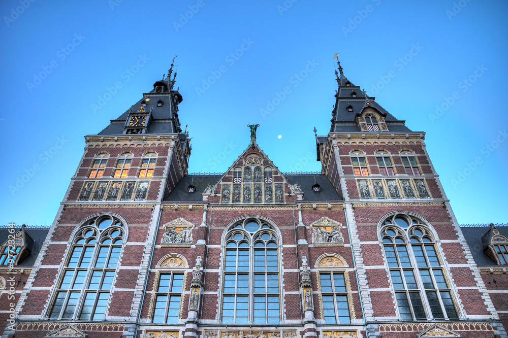 Early morning view from below of the national state museum in Amsterdam Early morning view from below of the national state museum in Amsterdam