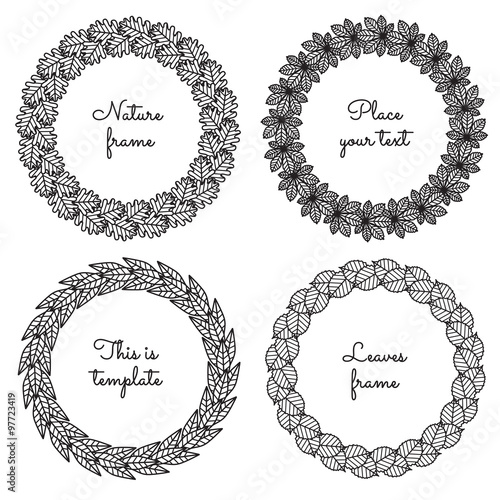 Circle nature frames (black) with leaves (oak, chestnut, willow, linden) vector set. Vintage style. Perfect for invitations and other design.
