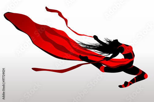 Beautiful girl dancing in red dress with ribbon on a wind.