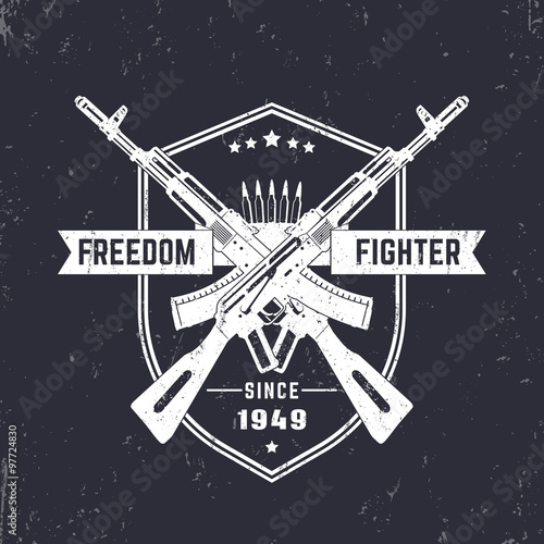 Freedom fighter, vintage t-shirt design, print, with crossed assault rifles, guns, vector illustration