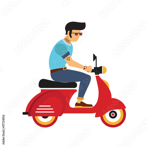 hipster young man with glasses rides a motorbike. Flat style illustration