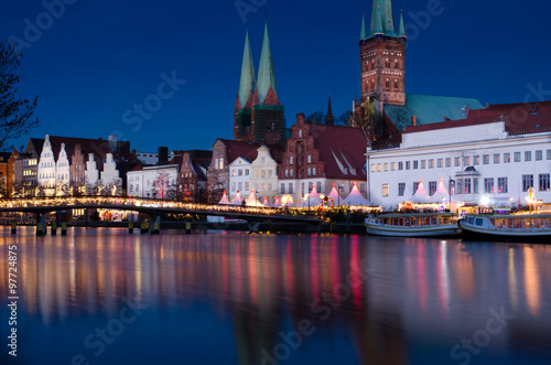 .Lübeck, Christmas mood at the obertrave with churches st.marie