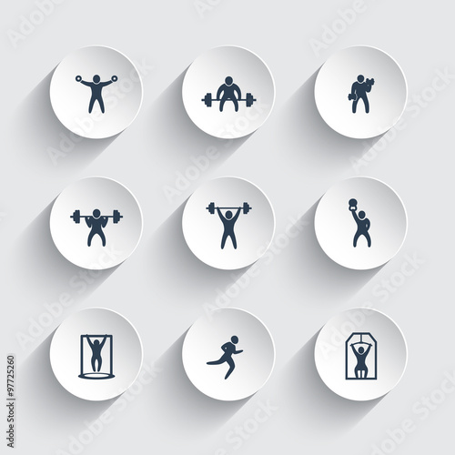 Gym, fitness exercises, training icons on round 3d shapes, vector illustration