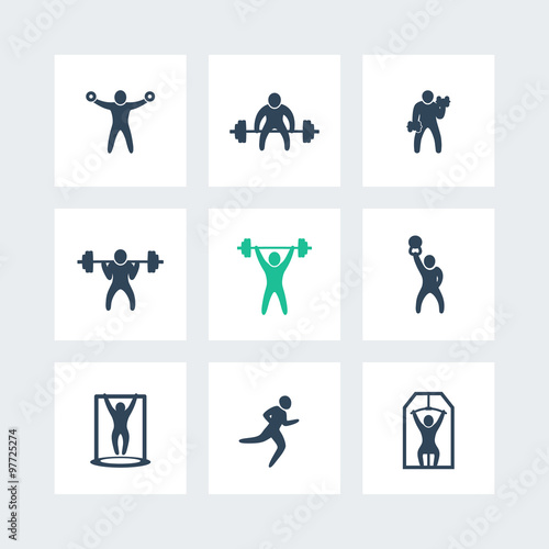 Gym, fitness exercises, training, flat icons on squares, vector illustration