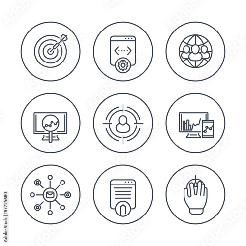 seo line icons in circles, search engine optimization, internet marketing, web page indexing