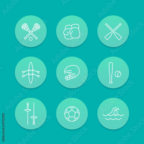 sports and games line icons, aquamarine set, vector illustration