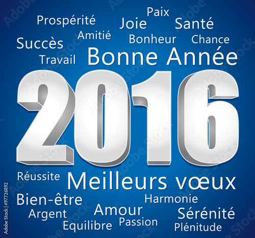 2016. Carte de vœux bleue et argent. Bonne année et meilleurs vœux.